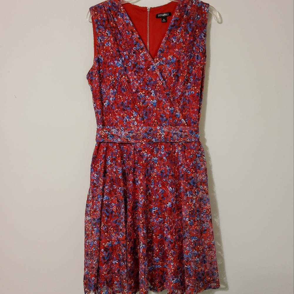 Roz & Ali Red Floral Embroidered V Neck Sleeveless Dress Size 14